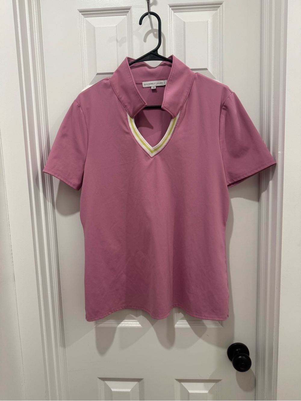Sincerely Jules Pink Short-Sleeve V-Neck Polo Top with Contrast Trim